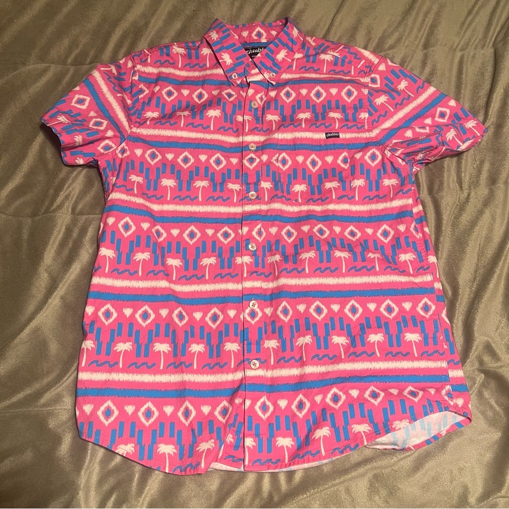 Chubbies Regular Fit Pink Tropical Shirt w/ Blue & White Aztec Palm Tree Size S